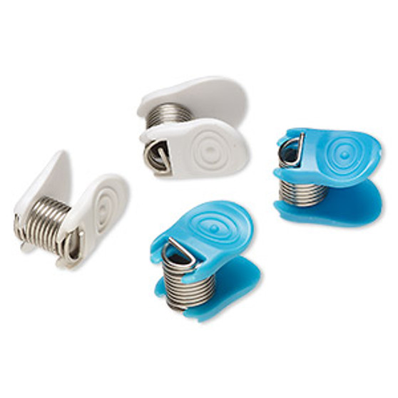 Clip, Bead Bugs™, plastic and stainless steel, white / teal / silver, 23x17x17mm with soft comfort grip. Sold per pkg of 4.