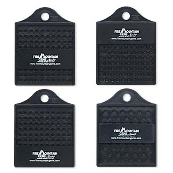 Bead counter set, plastic, black, measures 3, 4, 6 and 8mm beads, 4x3 inches with slider. Sold per 4-piece set.