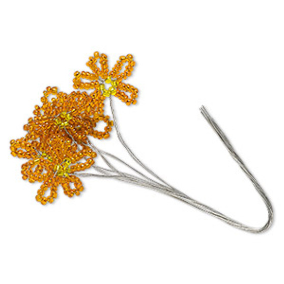 Wire pick, glass and steel, silver-lined orange and yellow, 4-1/2 inches with 20x19mm flower. Sold per pkg of 6.