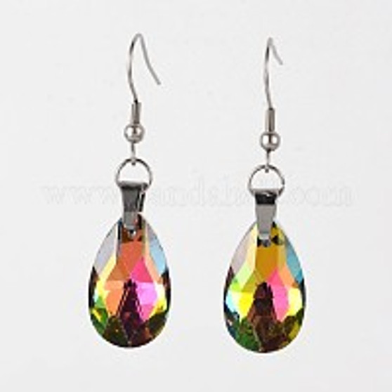 teardrop, Glass Dangle Earrings, with 304 Stainless Steel Earring Hooks, Colorful, 50mm, Pin: 0.6mm 