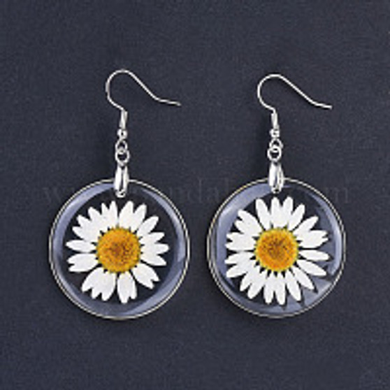 Alloy Resin Dried Flower Dangle Earrings, with Platinum Plated Brass Earring Hooks, Clear, 57mm, Pin: 0.7mm