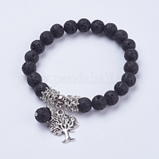 Natural Lava Rock Stretch Charm Bracelets, with Alloy Tree Pendants, with Burlap Paking Pouches Drawstring Bags, Antique Silver, 2-3/8 inch(60mm)