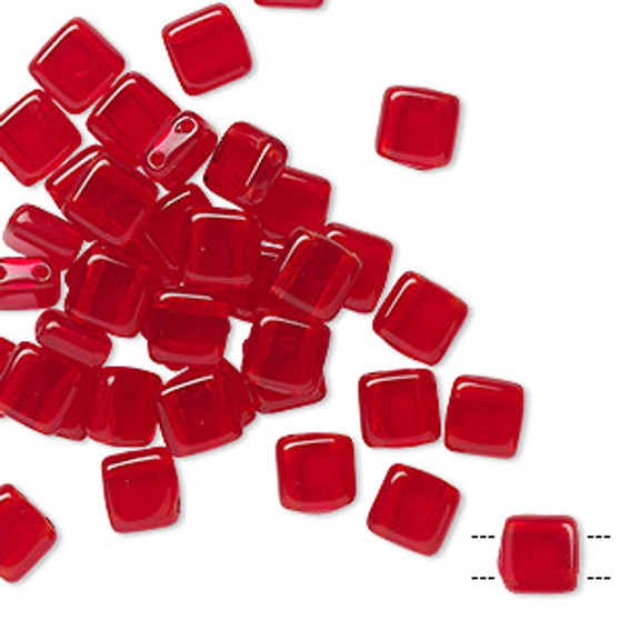 Bead, Preciosa, Czech pressed glass, transparent ruby, 6x6mm flat square with (2) 0.7mm holes. Sold per pkg of 40.