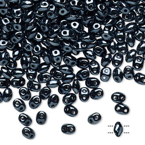 Bead, Preciosa Twin™, Pressed Superduo, Czech pressed glass, opaque shiny black, 5x2.5mm oval with 2 holes. Sold per 50-gram pkg.
