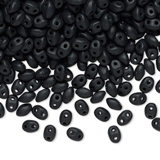 Bead, Preciosa Twin™, Pressed Superduo, Czech pressed glass, matte black, 5x2.5mm oval with 2 holes. Sold per 50-gram pkg.