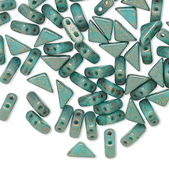 Bead, Tango™, Czech pressed glass, opaque luminous pecan green turquoise, 8x6x6mm triangle with (2) 0.7-0.8mm holes. Sold per 10-gram pkg, approximately 65 beads.