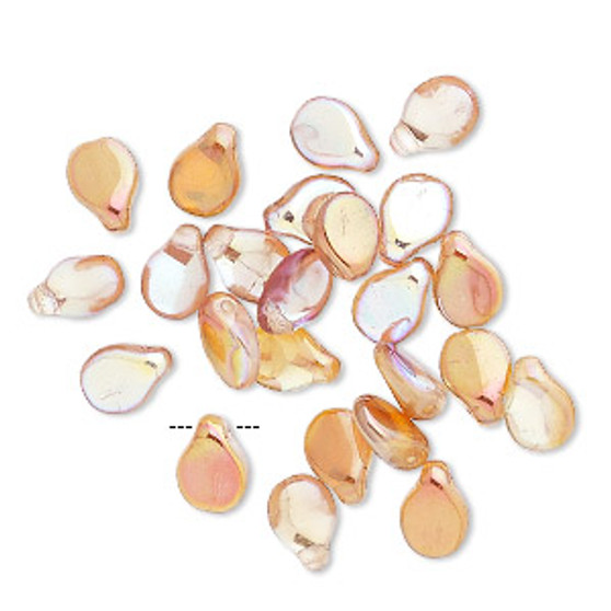 Bead, Preciosa Pip™, Czech pressed glass, translucent apricot AB, 7x5mm top-drilled pip. Sold per pkg of 30.