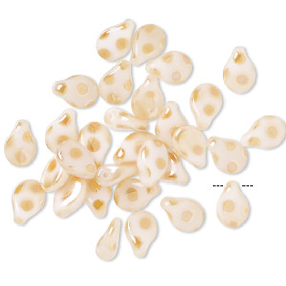 Bead, Preciosa Pip™, Czech pressed glass, opaque white and yellow, 7x5mm top-drilled pip with dots. Sold per pkg of 30.