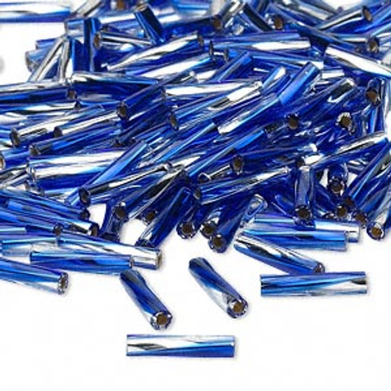 Miyuki Bugle Beads - 12mm x 2.7mm twisted glass - Silver Lined Two Tone Translucent Cobalt and Clear TW3934 (50gms)