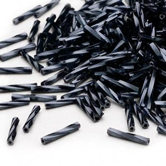 Miyuki Bugle Beads - 12mm x 2mm twisted glass - Opaque Metallic Black TW451 (50gms)