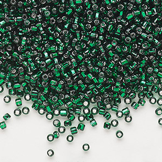 Seed bead, Dyna-Mites™, glass, silver-lined translucent dark green, #11 round with square hole. Sold per 40-gram pkg.