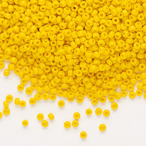 Seed bead, Dyna-Mites™, glass, opaque dark yellow, #11 round. Sold per 40-gram pkg.