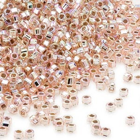 Seed bead, Dyna-Mites™, glass, silver-lined translucent rainbow light pink, #11 round with square hole. Sold per 40-gram pkg.