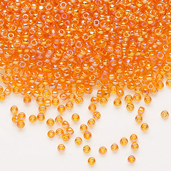 Seed bead, Dyna-Mites™, glass, transparent rainbow orange, #11 round. Sold per 40-gram pkg.