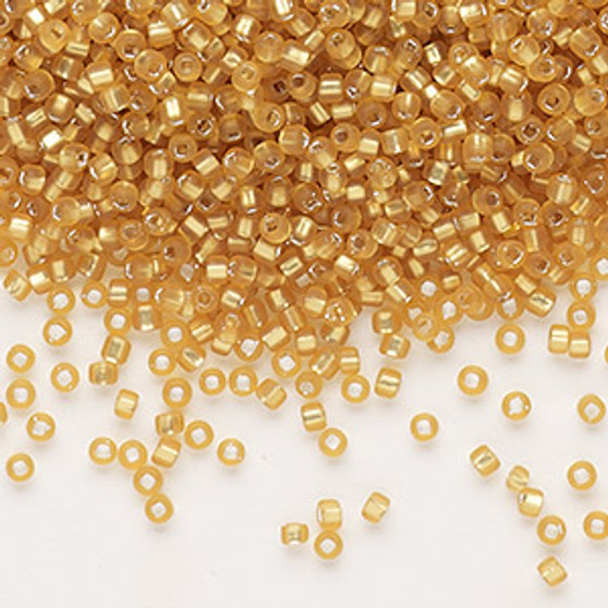 Seed bead, Dyna-Mites™, glass, silver-lined translucent matte gold, #11 round with square hole. Sold per 40-gram pkg.