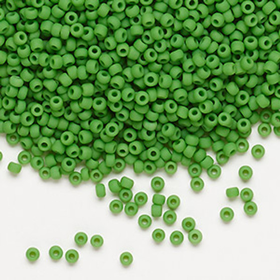 Seed bead, Dyna-Mites™, glass, opaque matte green, #11 round. Sold per 40-gram pkg.