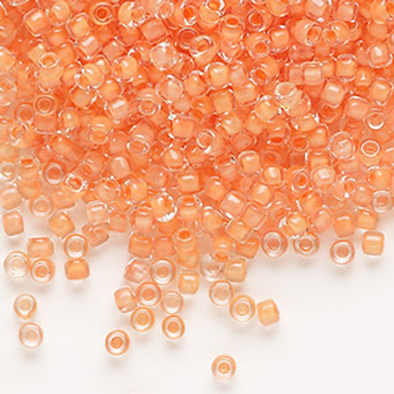 Seed bead, Dyna-Mites™, glass, translucent inside color tangerine, #8 round. Sold per 40-gram pkg.