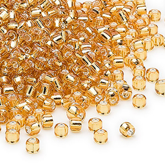 Seed bead, Dyna-Mites™, glass, silver-lined translucent gold, #8 round. Sold per 40-gram pkg.