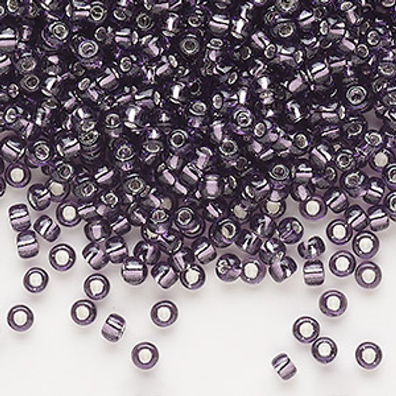 Seed bead, Dyna-Mites™, glass, silver-lined translucent amethyst purple, #8 round. Sold per 40-gram pkg.