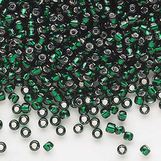 Seed bead, Dyna-Mites™, glass, silver-lined translucent dark green, #8 round. Sold per 40-gram pkg.