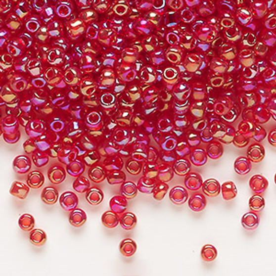 Seed bead, Dyna-Mites™, glass, transparent rainbow ruby red, #8 round. Sold per 40-gram pkg.