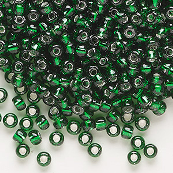 Seed bead, Dyna-Mites™, glass, silver-lined translucent emerald green, #6 round. Sold per 40-gram pkg.