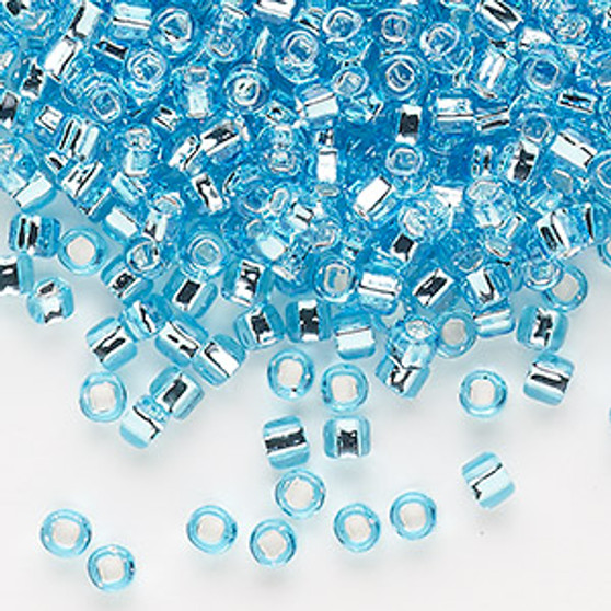 Seed bead, Dyna-Mites™, glass, silver-lined translucent light aqua, #6 round with square hole. Sold per 40-gram pkg.