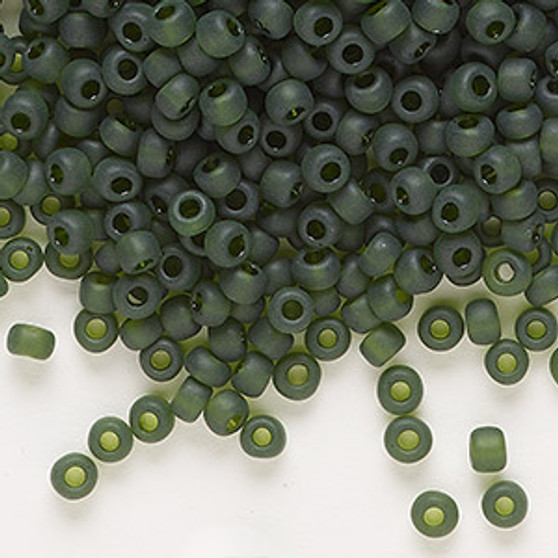 Seed bead, Dyna-Mites™, glass, transparent matte olive green, #6 round. Sold per 40-gram pkg.