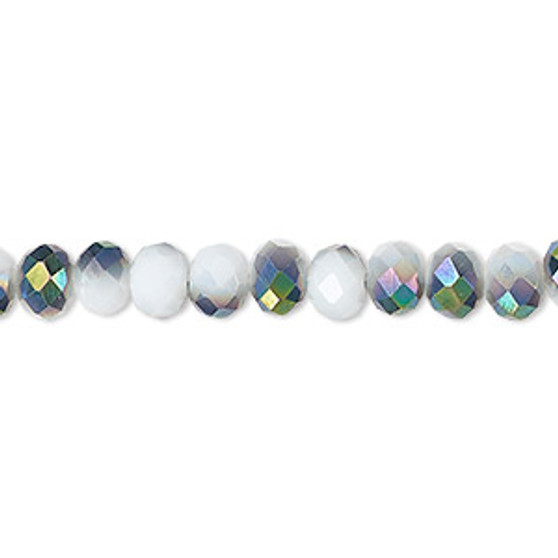 Bead, Celestial Crystal®, 48-facet, opaque white with half-coat metallic green, 6x4mm faceted rondelle. Sold per 15-1/2" to 16" strand, approximately 100 beads.