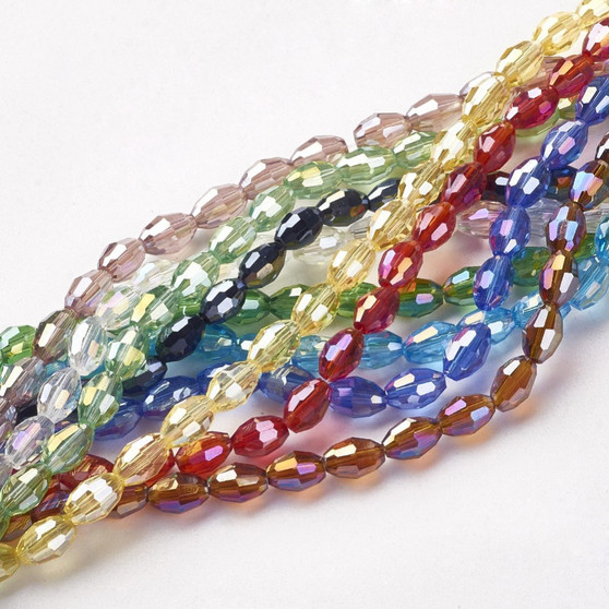 Electroplate Glass Beads - 10 Strands, AB Color Plated, Faceted Oval, Mixed Colour, 6x4mm, Hole: 1mm, about 67~68pcs/strand