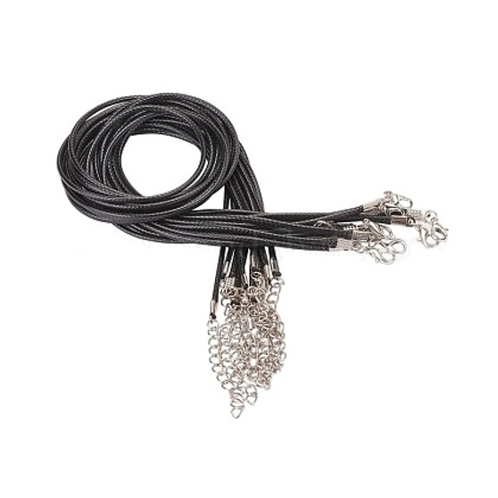 Waxed Cord Necklace with Zinc Alloy Clasp Platinum Black - 17.8 inch~18 inch(45.5~46cm), 2mm - 10 pack