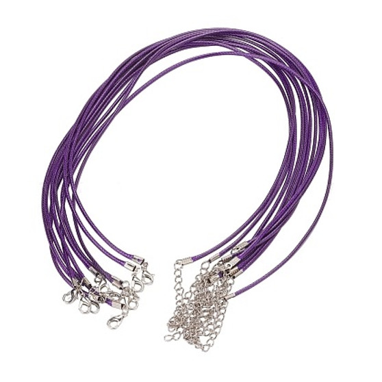 Waxed Cord Necklace with Zinc Alloy Clasp Platinum Dark Violet - 17.8 inch~18 inch(45.5~46cm), 2mm - 10 pack