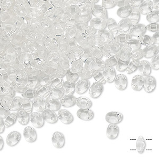 Bead, Preciosa Twin™, Pressed Superduo, Czech pressed glass, clear, 5x2.5mm oval with 2 holes. Sold per 10-gram pkg.