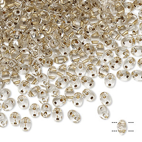 Bead, Preciosa Twin™, Pressed Superduo, Czech pressed glass, transparent bronze-lined clear, 5x2.5mm oval with (2) 0.7-0.8mm holes. Sold per 250-gram pkg.