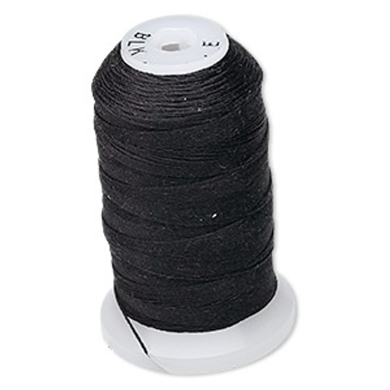 Thread, Purely Silk™, 3-ply, black, size E. Sold per 200-yard spool.