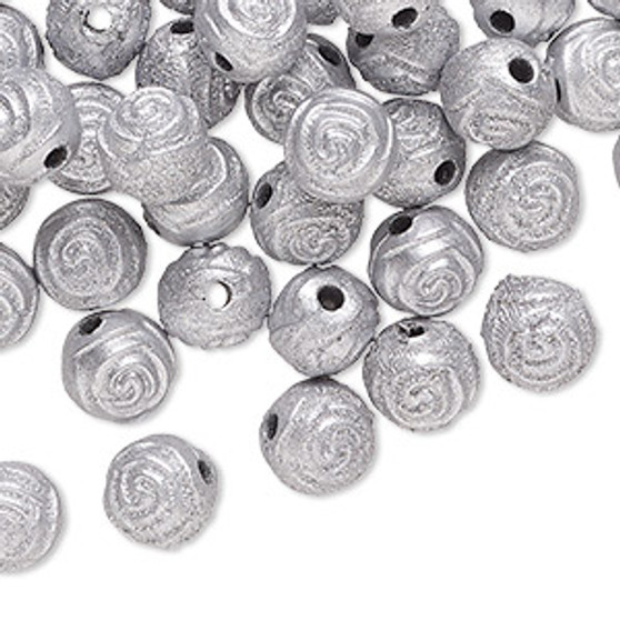 Bead, acrylic, opaque silver, 8mm round rose. Sold per pkg of 100.