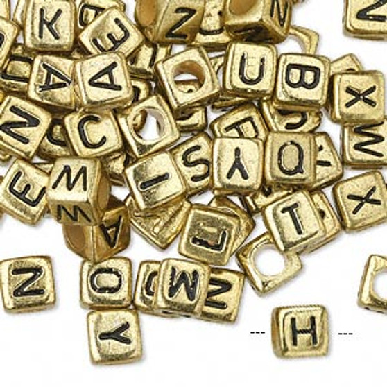 Bead mix, acrylic, opaque gold and black, 6mm cube with alphabet letters. Sold per pkg of 100.