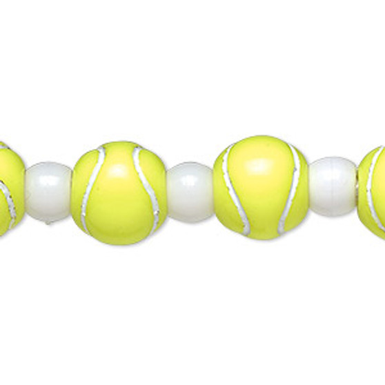 Bead, acrylic, yellow and white, 7x5.5mm crow and 11mm tennis ball. Sold per 8-inch strand.