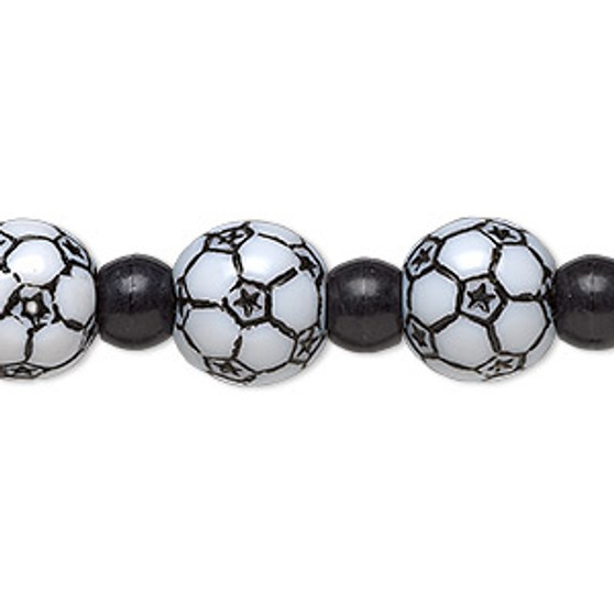 Bead, acrylic, black and white, 7x5.5mm crow and 11mm soccer ball. Sold per 8-inch strand.