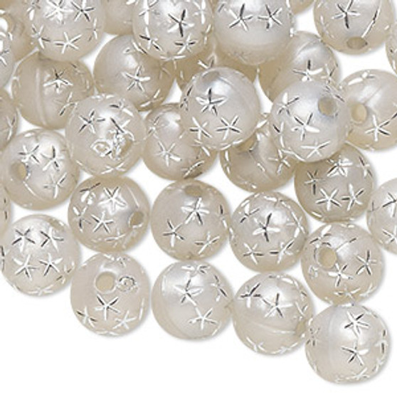 Bead, acrylic, silver, 8mm round with stars. Sold per pkg of 100.