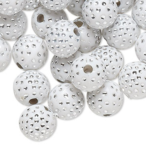 Bead, acrylic, white and silver, 10mm round with dots. Sold per pkg of 100.