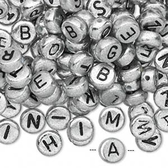 Bead mix, acrylic, opaque silver and black, 7mm double-sided flat round with alphabet letters. Sold per pkg of 200.