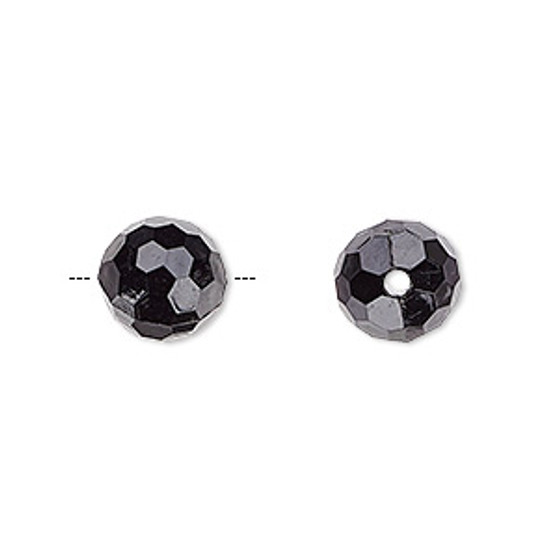 Bead, acrylic, opaque black, 10mm faceted round. Sold per 100-gram pkg, approximately 170 beads.