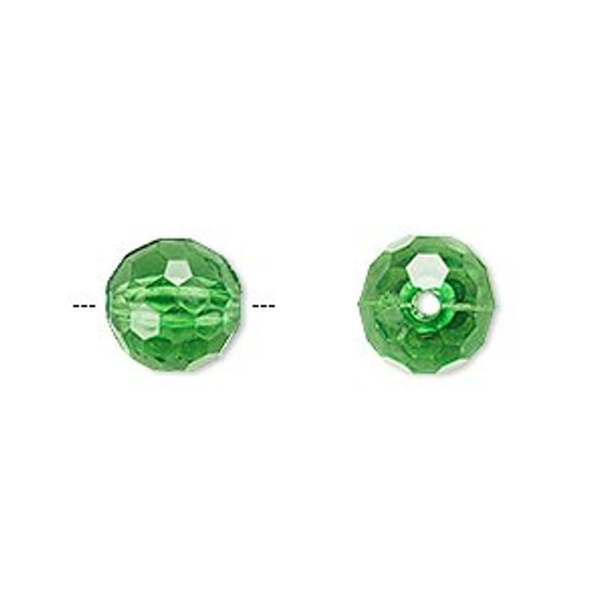 Bead, acrylic, green, 10mm faceted round. Sold per 100-gram pkg, approximately 170 beads.