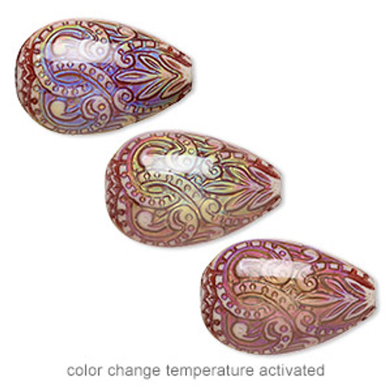 Bead, acrylic, multicolored, 23x15.5mm color-changing puffed teardrop with fancy design. Sold per pkg of 2.