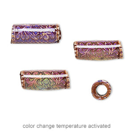 Bead, acrylic, multicolored, 16x7mm color-changing round tube with fancy design. Sold per pkg of 4.