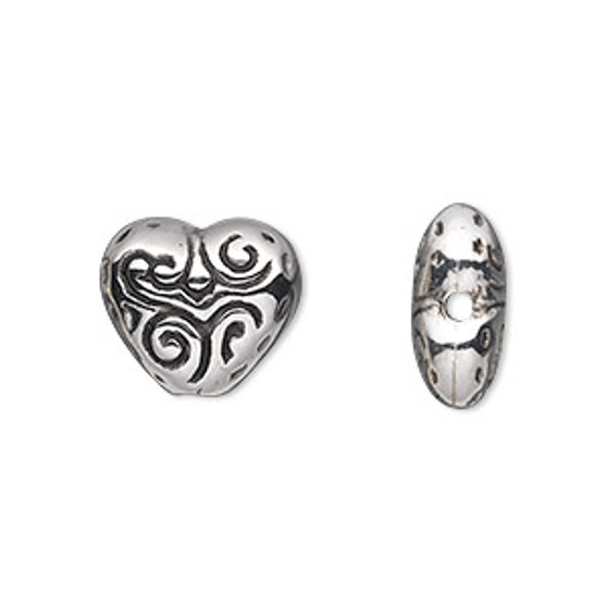 Bead, antiqued silver-finished copper-coated plastic, 15x13mm double-sided heart. Sold per 50-gram pkg, approximately 60 beads.