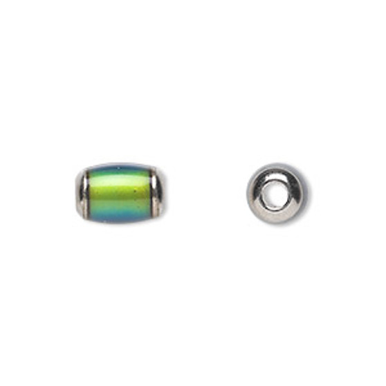 Bead, acrylic and imitation rhodium-plated brass, multicolored, 10x8mm color-changing barrel. Sold per pkg of 6.