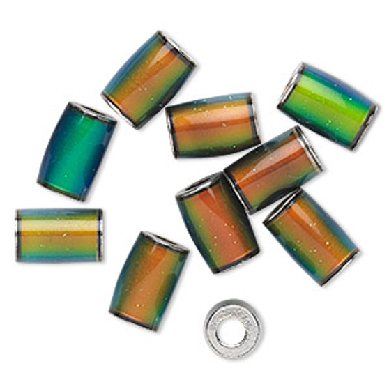 Bead, "mood" stone and imitation rhodium-plated brass, multicolored, 9x6mm-10x8mm round tube. Sold per pkg of 10.