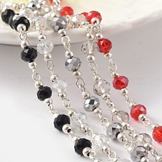 Handmade Silver Plated Brass - Glass Beaded Chains, Unwelded, with Iron Beads, , 39.3 inch - Red